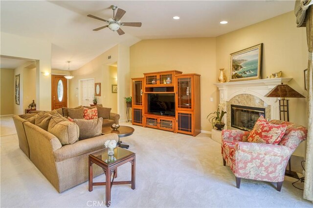 665 Silver Charm Dr, Arroyo Grande, CA 93420 - living room featuring carpet floors, a premium fireplace, lofted ceiling, ceiling fan, and recessed lighting