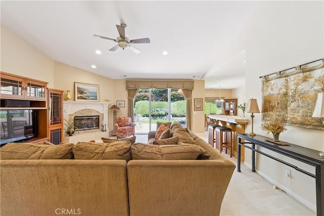 665 Silver Charm Dr, Arroyo Grande, CA 93420 - living area with a ceiling fan, light colored carpet, a premium fireplace, and recessed lighting