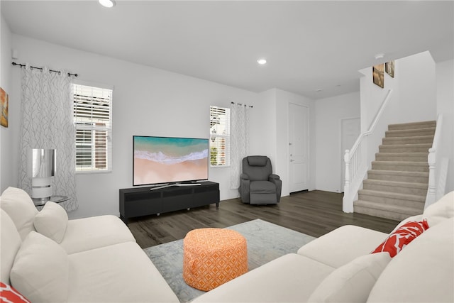 8595 Founders Grove St, Chino, CA 91708 - living area featuring stairway, wood finished floors, and recessed lighting