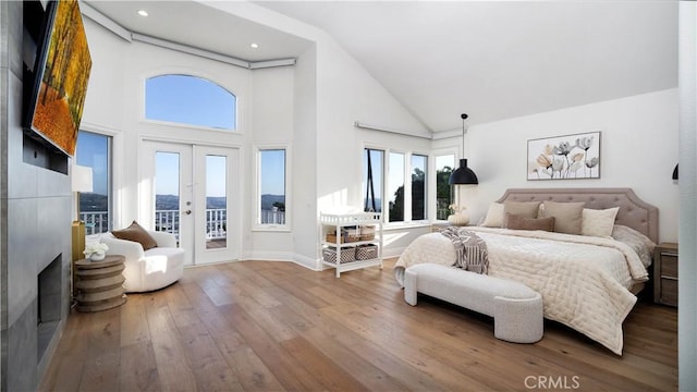 4855 Green Crest Dr, Yorba Linda, CA 92887 - bedroom with access to exterior, wood-type flooring, high vaulted ceiling, french doors, and a fireplace