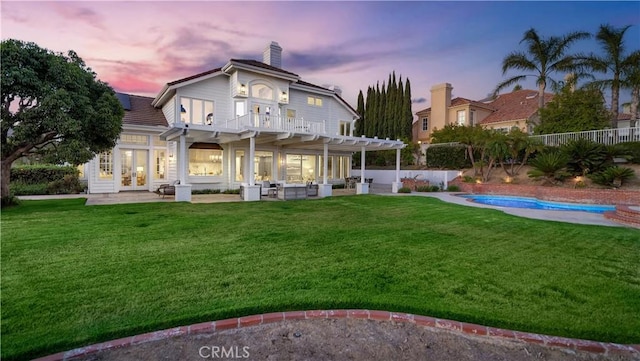 4855 Green Crest Dr, Yorba Linda, CA 92887 - back of house featuring french doors, a balcony, a pergola, a patio, and a fenced backyard