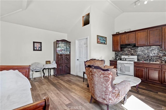 7060 Morse Ave, North Hollywood, CA 91605 - kitchen featuring white range with gas stovetop, ventilation hood, wood finished floors, decorative backsplash, and high vaulted ceiling