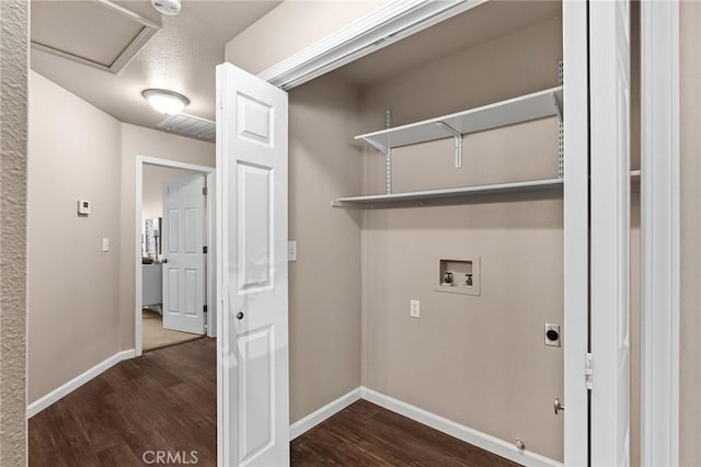 2078 Mansfield Ct, Chico, CA 95928 - washroom with washer hookup, dark wood-style floors, attic access, and hookup for an electric dryer