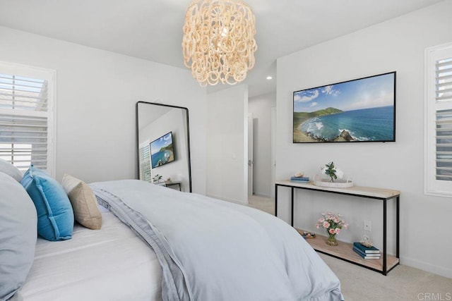 6925 Waters End Dr, Carlsbad, CA 92011 - bedroom with carpet floors, a chandelier, and recessed lighting