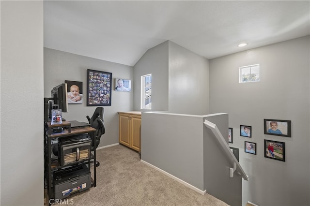 27151 Manor Cir Unit 54, Valencia, CA 91354 - home office with plenty of natural light, light colored carpet, and vaulted ceiling