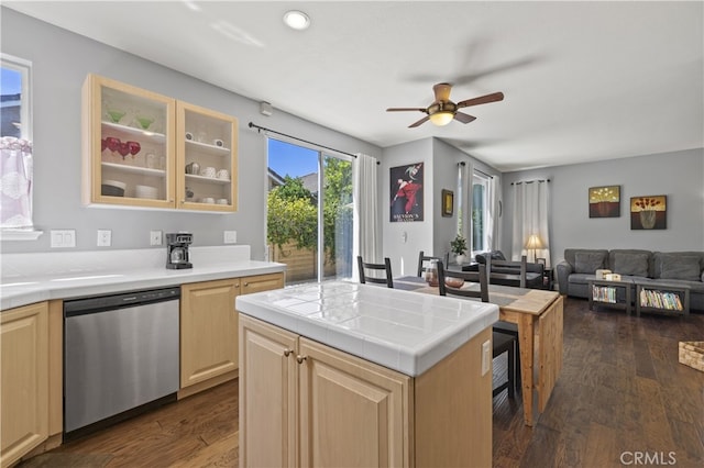 27151 Manor Cir Unit 54, Valencia, CA 91354 - kitchen with dishwasher, tile counters, dark wood-style floors, a ceiling fan, and light brown cabinets