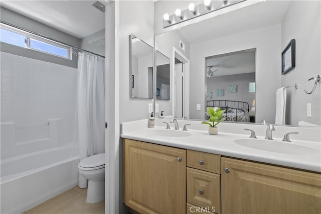 27151 Manor Cir Unit 54, Valencia, CA 91354 - bathroom with double vanity, tile patterned flooring, and shower / bathtub combination with curtain
