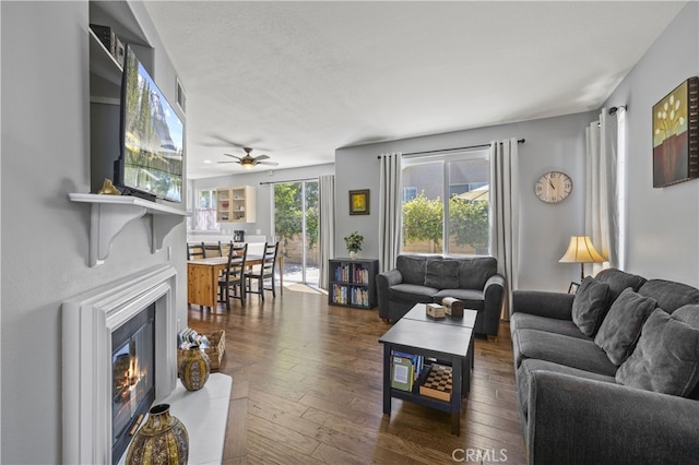 27151 Manor Cir Unit 54, Valencia, CA 91354 - living room with ceiling fan, hardwood / wood-style floors, and a glass covered fireplace