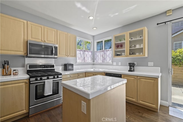 27151 Manor Cir Unit 54, Valencia, CA 91354 - kitchen featuring stainless steel appliances, light brown cabinets, tile countertops, healthy amount of natural light, and recessed lighting