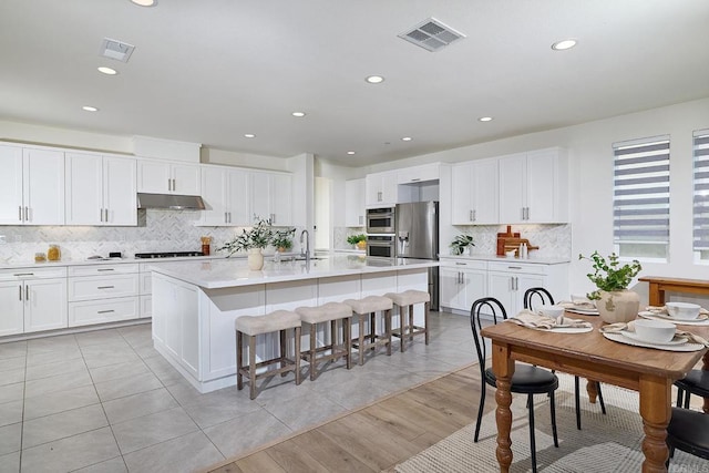 2415 Calle Grandon, Chula Vista, CA 91913 - kitchen with under cabinet range hood, stainless steel appliances, backsplash, a kitchen island with sink, and white cabinets