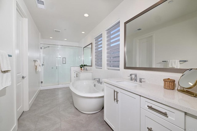 2415 Calle Grandon, Chula Vista, CA 91913 - full bath with a shower stall, vanity, a soaking tub, tile patterned flooring, and recessed lighting