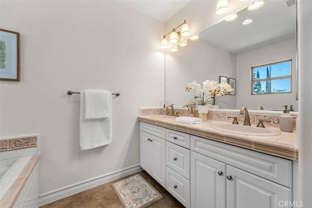 180 Guinevere, Irvine, CA 92620 - full bath featuring double vanity, tile patterned flooring, and tiled tub