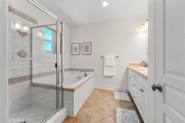 180 Guinevere, Irvine, CA 92620 - full bathroom featuring a shower stall, a bath, vanity, and tile patterned floors
