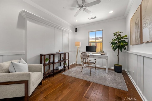180 Guinevere, Irvine, CA 92620 - office space featuring a decorative wall, wood-type flooring, ceiling fan, ornamental molding, and wainscoting