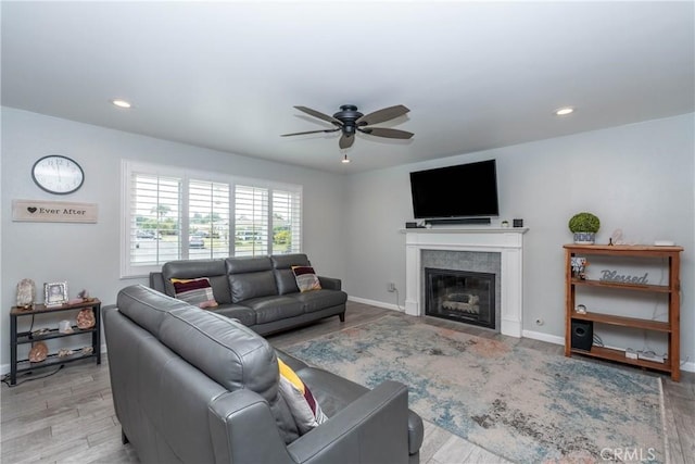 14750 Danbrook Dr, Whittier, CA 90604 - living room with ceiling fan, a glass covered fireplace, recessed lighting, and wood finished floors