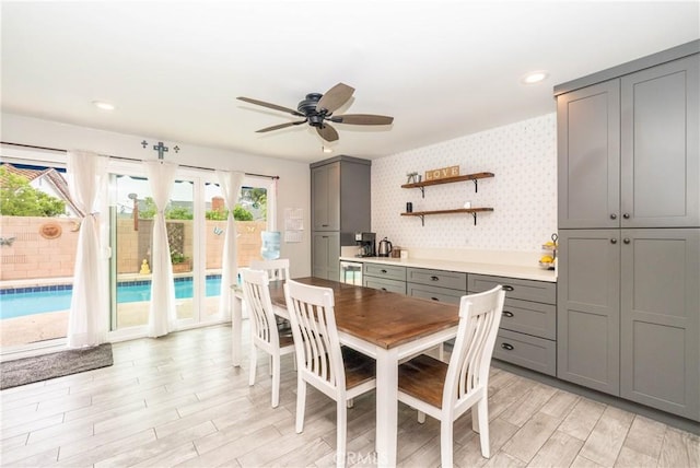 14750 Danbrook Dr, Whittier, CA 90604 - dining room featuring light wood-style flooring, wallpapered walls, a ceiling fan, and recessed lighting