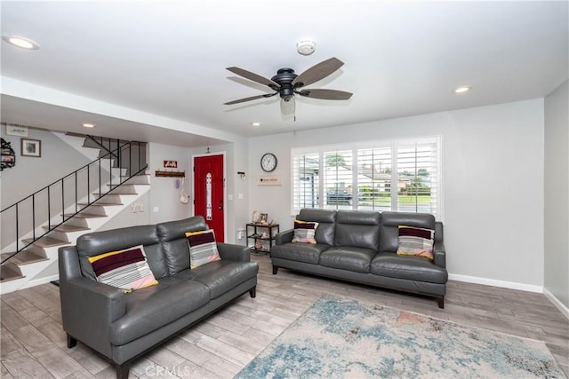 14750 Danbrook Dr, Whittier, CA 90604 - living area featuring stairs, wood finished floors, ceiling fan, and recessed lighting