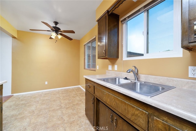782 Lewis St, Pomona, CA 91767 - kitchen with light countertops, ceiling fan, and dark brown cabinetry