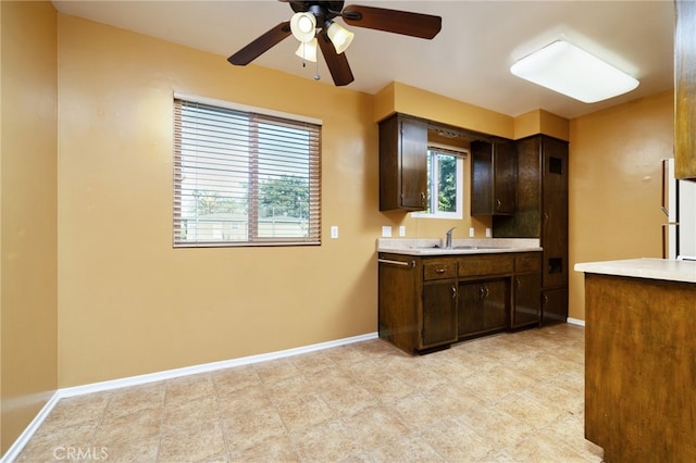 782 Lewis St, Pomona, CA 91767 - kitchen featuring light countertops, a ceiling fan, and dark brown cabinetry