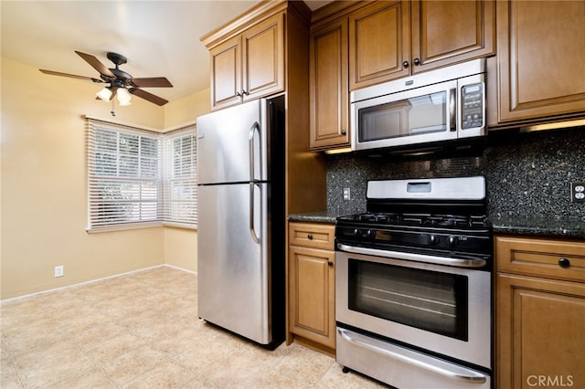 782 Lewis St, Pomona, CA 91767 - kitchen featuring appliances with stainless steel finishes, backsplash, a ceiling fan, and brown cabinets