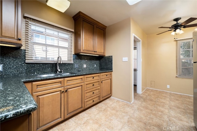 782 Lewis St, Pomona, CA 91767 - kitchen with a ceiling fan, decorative backsplash, dark stone counters, and brown cabinets