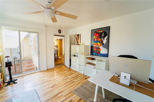 658 W 120th St, Los Angeles, CA 90044 - office area featuring light wood finished floors and a ceiling fan