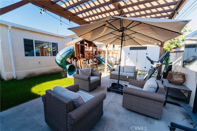 658 W 120th St, Los Angeles, CA 90044 - fenced backyard with outdoor lounge area, a playground, a pergola, and a patio