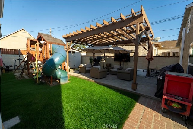 658 W 120th St, Los Angeles, CA 90044 - fenced backyard featuring a playground, an outdoor living space, a patio area, and a pergola