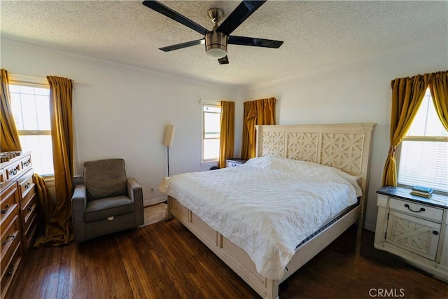 658 W 120th St, Los Angeles, CA 90044 - bedroom featuring multiple windows, dark wood finished floors, a textured ceiling, and a ceiling fan