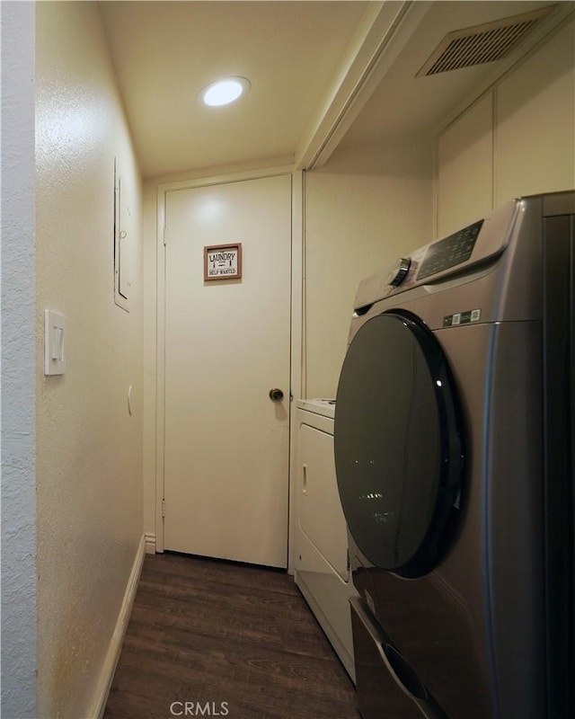 1748 S Mountain Ave Unit A, Ontario, CA 91762 - laundry area featuring independent washer and dryer, dark wood finished floors, and recessed lighting