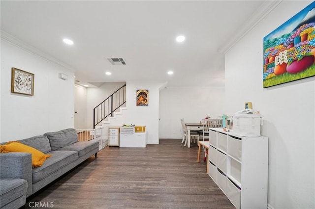 1748 S Mountain Ave Unit A, Ontario, CA 91762 - living room with ornamental molding, stairway, wood finished floors, and recessed lighting