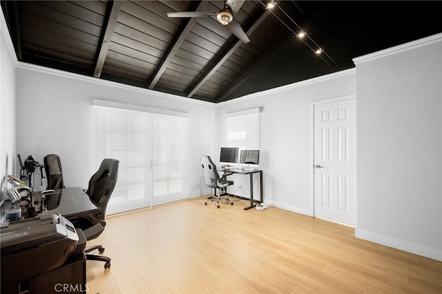 17437 Chase St, Northridge, CA 91325 - home office with wood finished floors, wood ceiling, and a ceiling fan