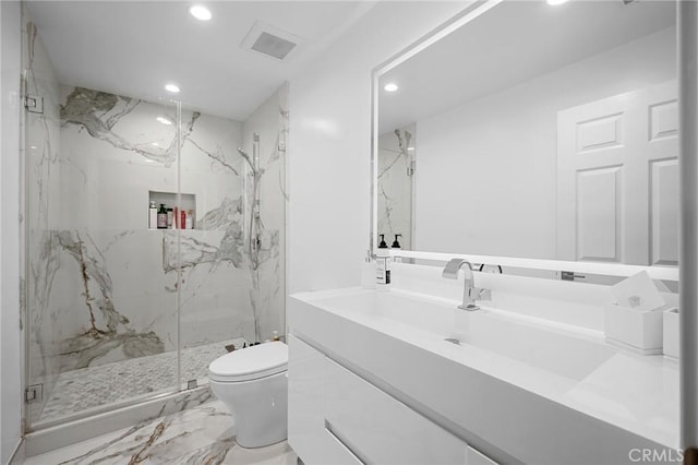 17437 Chase St, Northridge, CA 91325 - bathroom featuring recessed lighting, vanity, a marble finish shower, and marble tiled floors