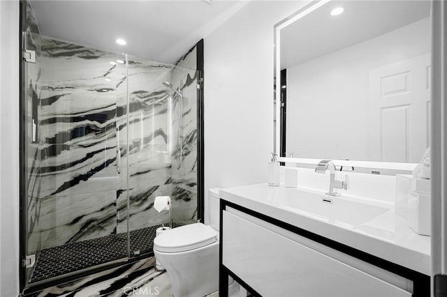 17437 Chase St, Northridge, CA 91325 - bathroom with vanity, a marble finish shower, and recessed lighting