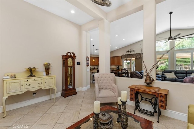 31676 Brentworth St, Menifee, CA 92584 - living area featuring lofted ceiling, a ceiling fan, light tile patterned floors, and recessed lighting