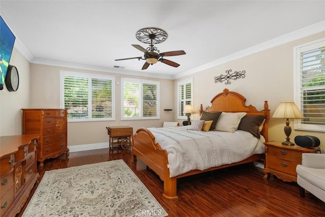 31676 Brentworth St, Menifee, CA 92584 - bedroom featuring dark wood-type flooring, ornamental molding, and a ceiling fan