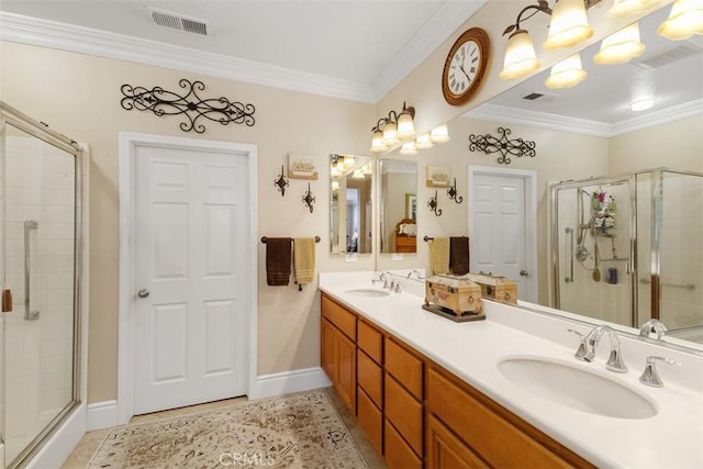 31676 Brentworth St, Menifee, CA 92584 - bathroom featuring ornamental molding, a shower stall, and double vanity