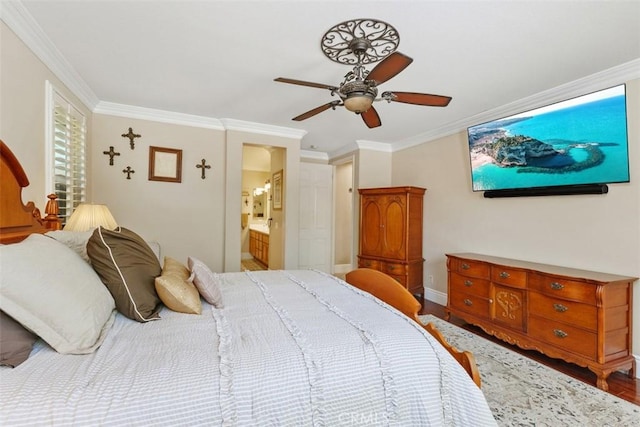 31676 Brentworth St, Menifee, CA 92584 - bedroom with crown molding, wood finished floors, a ceiling fan, and ensuite bath