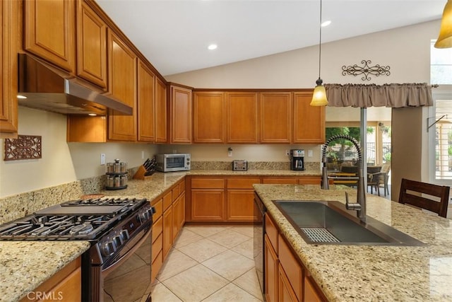 31676 Brentworth St, Menifee, CA 92584 - kitchen featuring black gas stove, under cabinet range hood, brown cabinets, light stone counters, and lofted ceiling