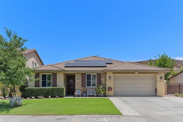31676 Brentworth St, Menifee, CA 92584 - ranch-style home featuring stucco siding, a tiled roof, and roof mounted solar panels