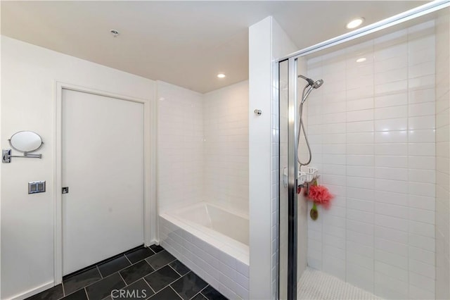 1155 S Grand Ave Unit 1008, Los Angeles, CA 90015 - full bathroom with a shower stall, a garden tub, tile patterned flooring, and recessed lighting