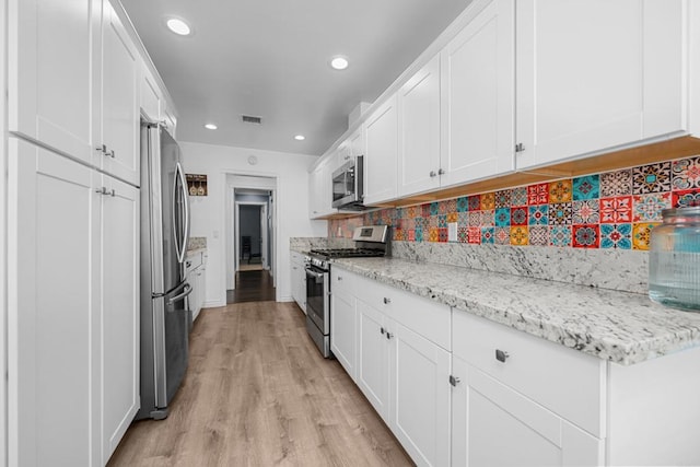 102 Sierra Way, Chula Vista, CA 91911 - kitchen with appliances with stainless steel finishes, white cabinetry, light wood finished floors, recessed lighting, and backsplash