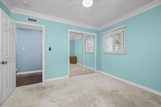 102 Sierra Way, Chula Vista, CA 91911 - unfurnished bedroom with crown molding, carpet floors, a closet, and a ceiling fan