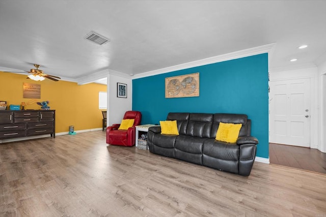 102 Sierra Way, Chula Vista, CA 91911 - living area featuring ornamental molding, wood finished floors, recessed lighting, and ceiling fan