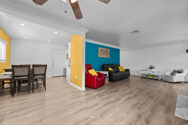 102 Sierra Way, Chula Vista, CA 91911 - living area with a ceiling fan, wood finished floors, ornamental molding, and recessed lighting