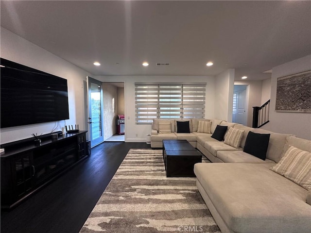 58 Origin, Irvine, CA 92618 - living room with dark wood finished floors, recessed lighting, and stairs