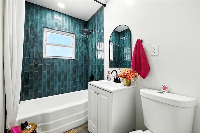 16874 Athol St, Fontana, CA 92335 - bathroom with shower / bath combination with curtain, vanity, and wood finished floors
