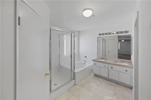 15372 Brandon Ln, Fontana, CA 92337 - bathroom with a bath, a shower stall, double vanity, and marble finish floors