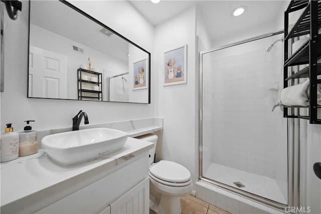 21 Dawnwood, Ladera Ranch, CA 92694 - bathroom with a stall shower, vanity, tile patterned floors, and recessed lighting