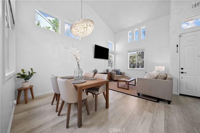 21 Dawnwood, Ladera Ranch, CA 92694 - dining area featuring high vaulted ceiling, a chandelier, light wood-style flooring, and plenty of natural light